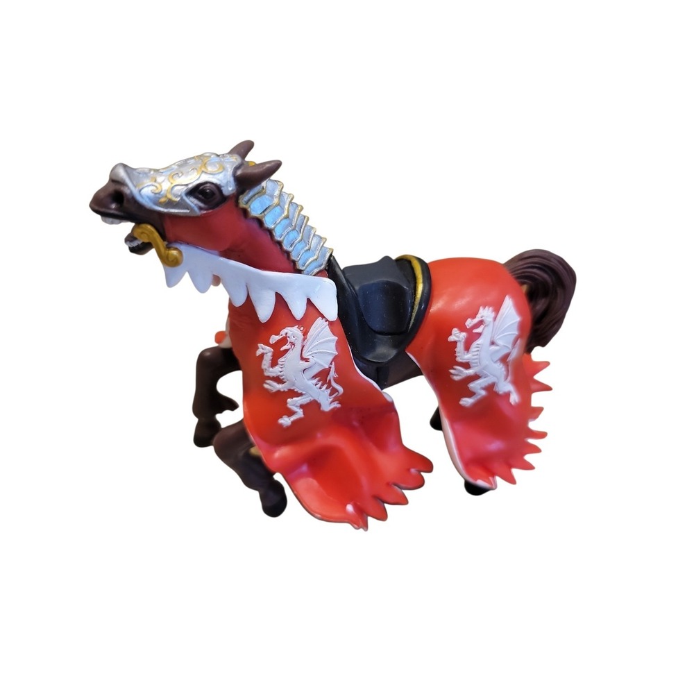 Papo Medieval Battle Horse 4x5"Red Cloak White Dragons Armour Model Horse Toy